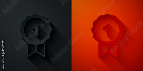 Paper cut Dog award symbol icon isolated on black and red background. Medal with dog footprint as pets exhibition winner concept. Paper art style. Vector