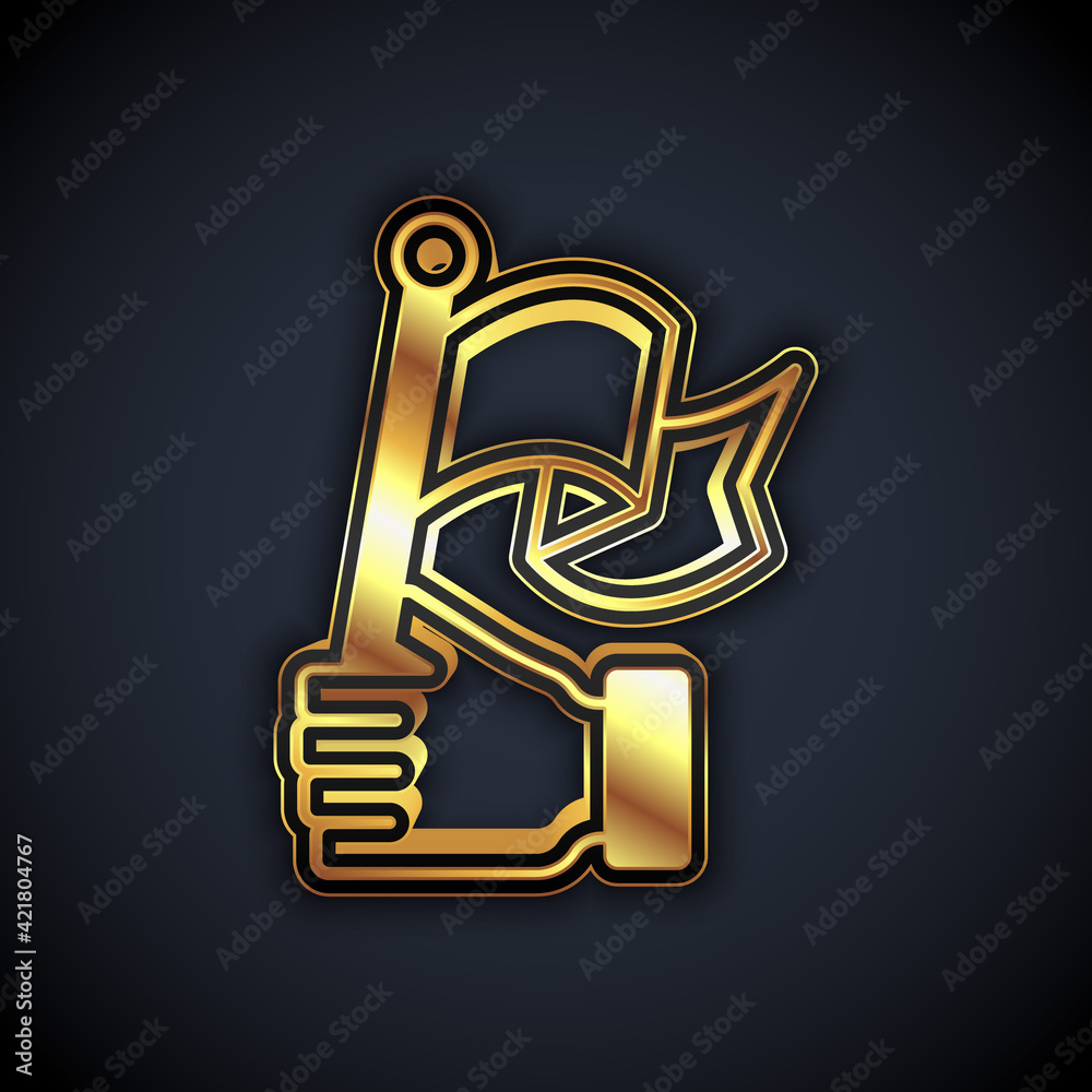 Gold Hand holding flag icon isolated on black background. Victory, winning and conquer adversity concept. Vector Gold Hand holding flag icon isolated on black background. Victory, winning and conquer adversity concept. Vector