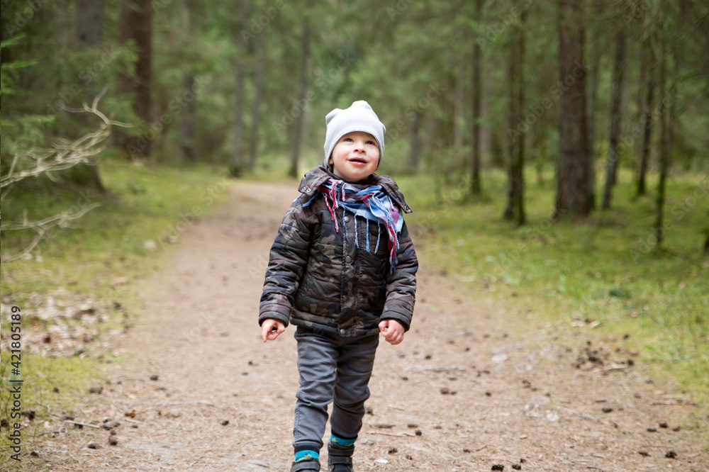 In the woods. Little boy in the forest. Spring activities. fresh air walk. In the woods. Little boy in the forest. Spring activities. fresh air walk.