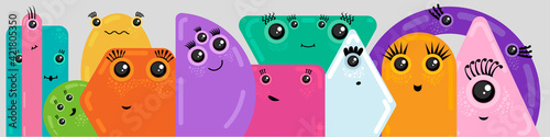Set of cute cartoon characters in simple shapes. Vector Illustration
