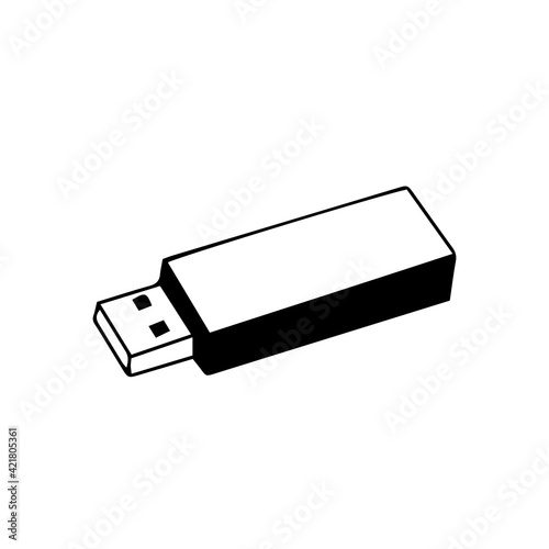 Hand drawn vector realistic usb flash drive for storage memory gigabytes. Doodle black and white drive isometric accessory. Icon, pictogram for design and typography.