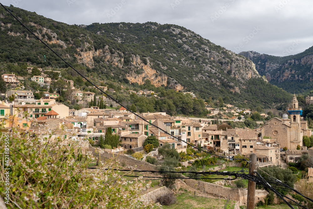 Beautiful sunny landscape of the village of Valldemossa in the Tramuntana mountain range. Palma de Mallorca, Spain