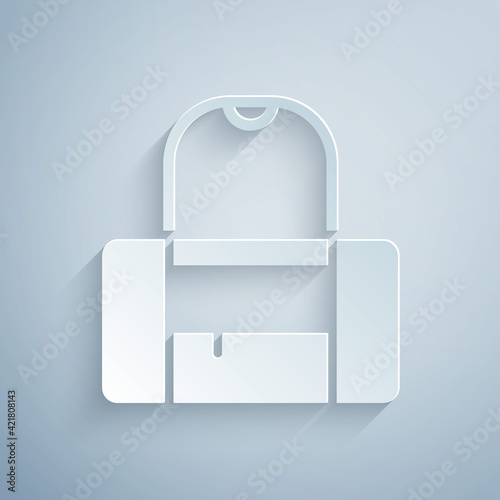 Paper cut Sport bag icon isolated on grey background. Paper art style. Vector