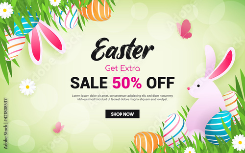 Easter Sale Background Vector illustration. Rabbit with Easter eggs on spring meadow frame	