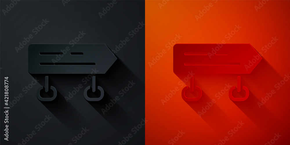 Paper cut Road traffic sign. Signpost icon isolated on black and red background. Pointer symbol. Isolated street information sign. Direction sign. Paper art style. Vector