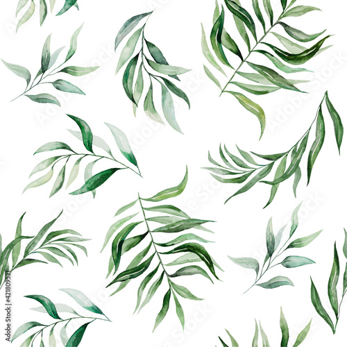 Watercolor green leaves seamless pattern illustration © katrinshine