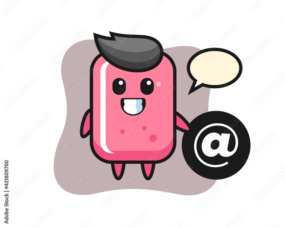 Cartoon illustration of bubble gum standing beside the At symbol Cartoon illustration of bubble gum standing beside the At symbol