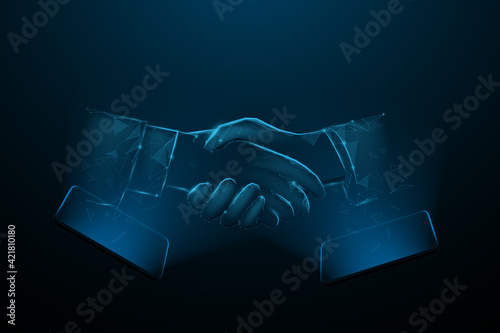 Smartphone screen Futuristic Holographic Interface, Showing, Businessmen shake hands in dark blue background. Concept of network connection. Low poly, wire, lines, and triangles outline