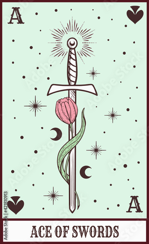 tarot card ace of swords, sword and tulip, Occult, fortune telling, tapestry