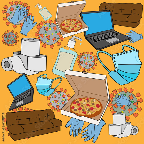 set of objects for design related to self-isolation and work at home. Laptop, medical gloves, brown sofa, hand sanitizer bottle, virus image, medical mask, roll of toilet paper vector illustration
