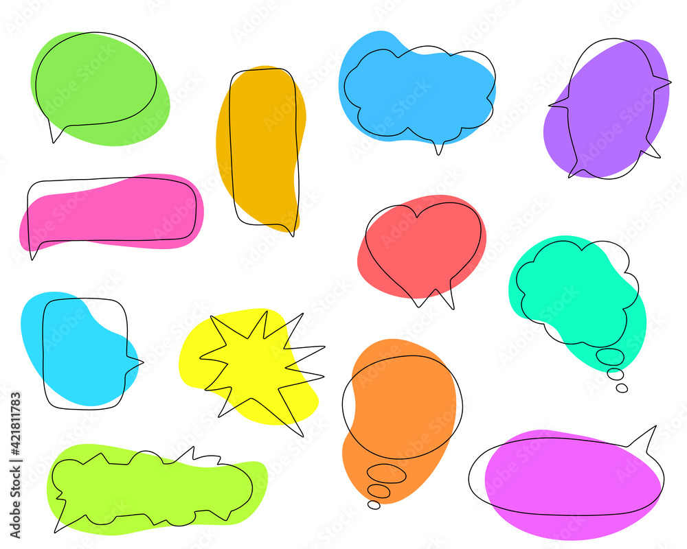 Set of colorful speech bubbles.Hand-drawn elements.Social chat symbols.Collection of text boxes of different shapes.Dialogue banners for networks story and posts.Isolated.Vector Set of colorful speech bubbles.Hand-drawn elements.Social chat symbols.Collection of text boxes of different shapes.Dialogue banners for networks story and posts.Isolated.Vector