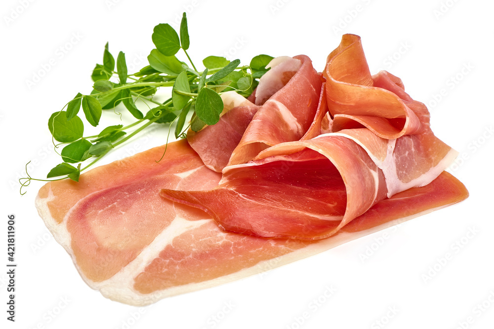 Italian prosciutto crudo or spanish jamon. Jerked meat, isolated on white background. High resolution image