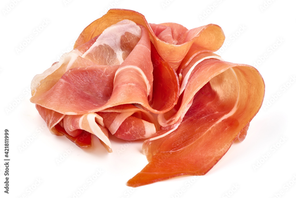 Italian prosciutto crudo or spanish jamon. Jerked meat, isolated on white background. High resolution image Italian prosciutto crudo or spanish jamon. Jerked meat, isolated on white background. High resolution image