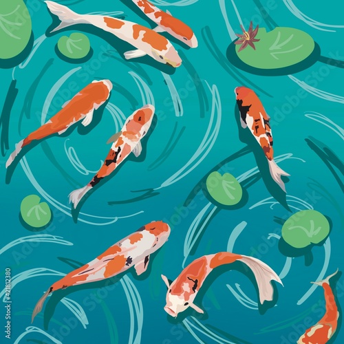 Pond/ lake with koi fish/fishes and lotus leaves