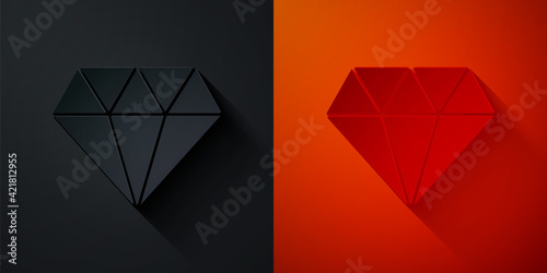 Paper cut Diamond icon isolated on black and red background. Jewelry symbol. Gem stone. Paper art style. Vector