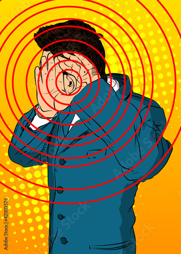 Caucasian businessman holding his hands to his ears and listening. Comic book cartoon concept of eavesdropping, espionage and gossip.