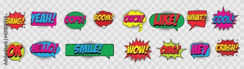 set of comic speech bubbles with halftone shadows, Expression text, Bang, Yeah, Oops, Boom, Hello, Smile, Ouch, Like and more, Pop art style, retro talk bubble in comic style. Vector illustration.
