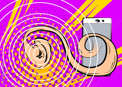 Ear coming out from a smart phone and listening. Comic book cartoon concept of eavesdropping, espionage and gossip.