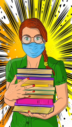 Female student, girl carrying a stack of books, wearing glasses and mask. College University or High School schoolgirl. Comic book style vector illustration education concept.