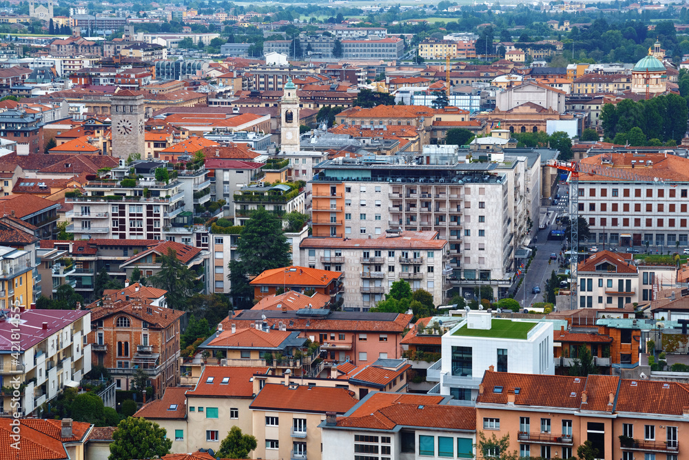 Aerial panoramic view of the residential buildings in Lower Bergamo (Citta Bassa). Italy.