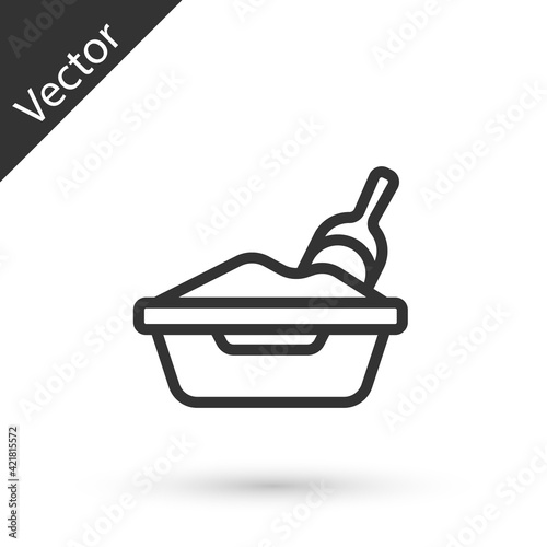 Grey line Cat litter tray with shovel icon isolated on white background. Sandbox cat with shovel. Vector