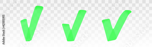 Green highlighter check mark set isolated on transparent background. Marker pen highlight underline strokes. Vector hand drawn graphic stylish element