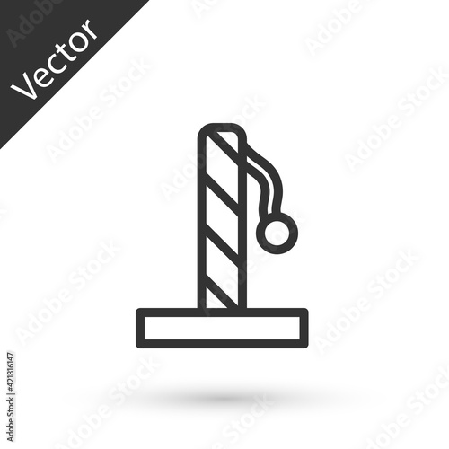 Grey line Cat scratching post with toy icon isolated on white background. Vector