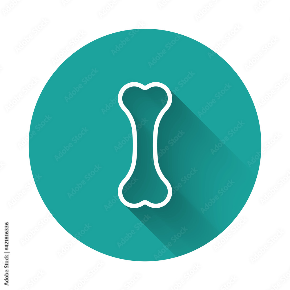 Obraz premium White line Dog bone icon isolated with long shadow background. Pets food symbol. Green circle button. Vector