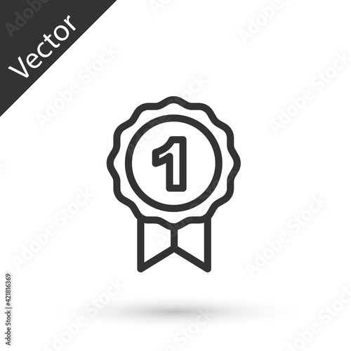 Grey line Dog award symbol icon isolated on white background. Medal with dog footprint as pets exhibition winner concept. Vector