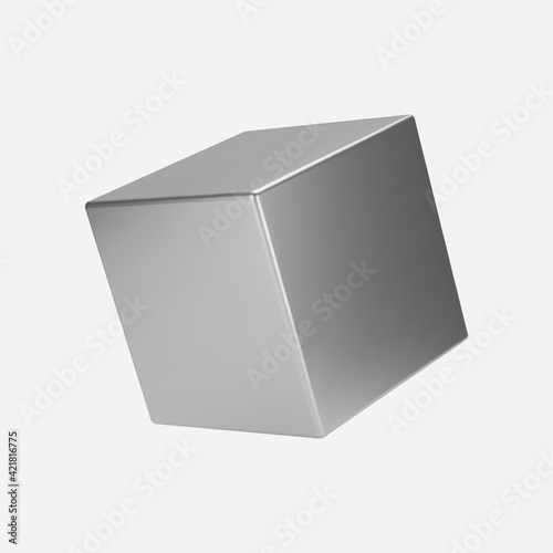 3d silver metal cube isolated on light background. Render a rotating chrome steel box in perspective with lighting and shadow. Realistic vector geometric shape
