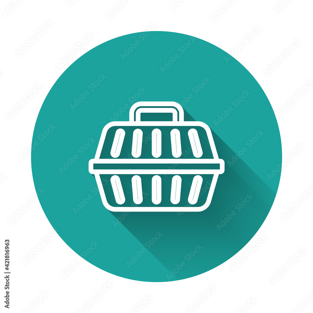 White line Pet carry case icon isolated with long shadow background. Carrier for animals, dog and cat. Container for animals. Animal transport box. Green circle button. Vector White line Pet carry case icon isolated with long shadow background. Carrier for animals, dog and cat. Container for animals. Animal transport box. Green circle button. Vector