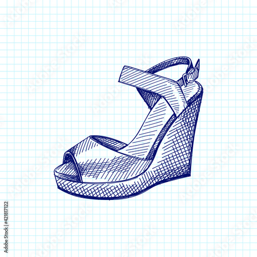 Hand-drawn sketch of women shoes. Wedge Sandals. Stylish and fashionable shoes. Shoes for walking. Feet accessories.	
