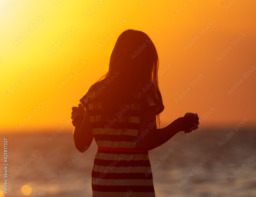 Silhouette of a girl in a dress by the sea