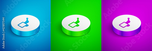 Isometric line Honey dipper stick with dripping honey icon isolated on blue, green and purple background. Honey ladle. White circle button. Vector
