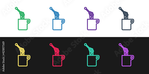 Set line Honey dipper stick with dripping honey icon isolated on black and white background. Honey ladle. Vector