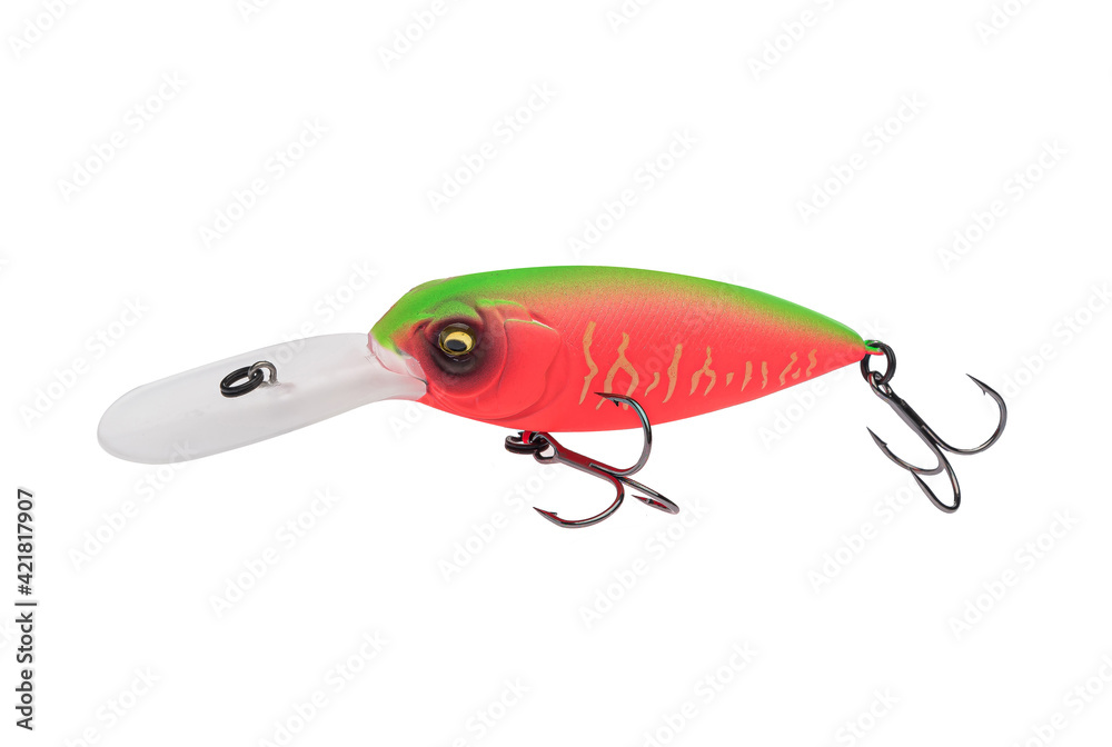 Wobbler with hooks for fishing as bait for fish, which is used for spinning. Fishing tackle for a fisherman. Wobbler with hooks for fishing as bait for fish, which is used for spinning. Fishing tackle for a fisherman.
