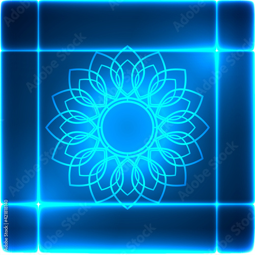 Glowing fantastic pattern on a blue background. Mandala.