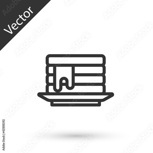 Grey line Stack of pancakes with honey icon isolated on white background. Breakfast concept. Vector
