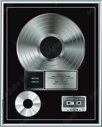 Multi-Platinum Sales Award. Platinum or Silver Vinyl or CD Prize Award with Label in Black and silver Frame. Vector Illustration.