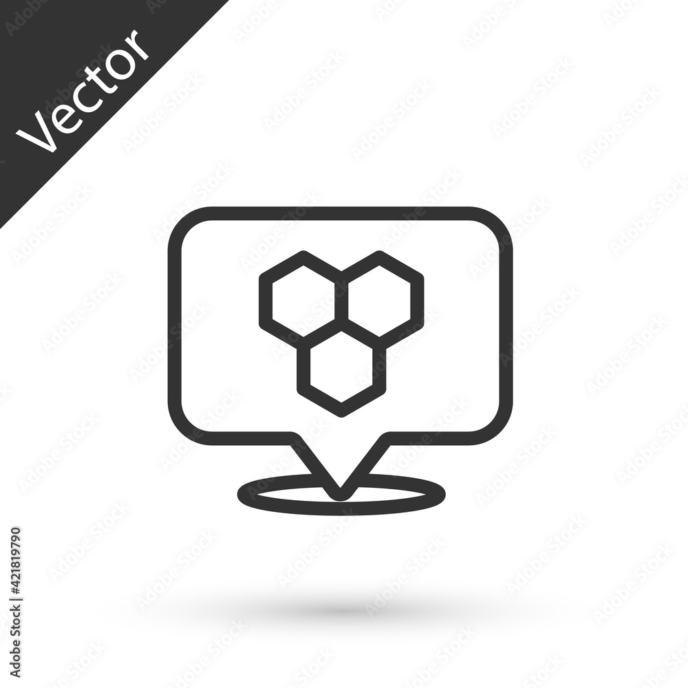 Grey line Honeycomb bee location map pin pointer icon isolated on white background. Farm animal map pointer. Vector Grey line Honeycomb bee location map pin pointer icon isolated on white background. Farm animal map pointer. Vector