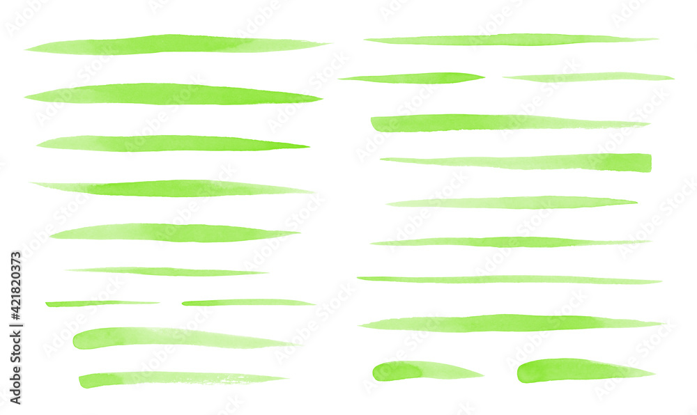 Set of green watercolor brush strokes, uneven lines, fusiform smears, stripes, underlines, doodle streaks. Hand drawn watercolour design elements, text backgrounds. Eco, vegan, spring templates.