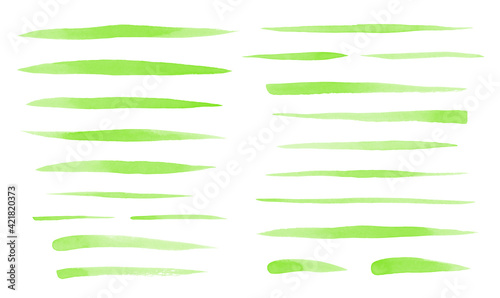 Set of green watercolor brush strokes, uneven lines, fusiform smears, stripes, underlines, doodle streaks. Hand drawn watercolour design elements, text backgrounds. Eco, vegan, spring templates.