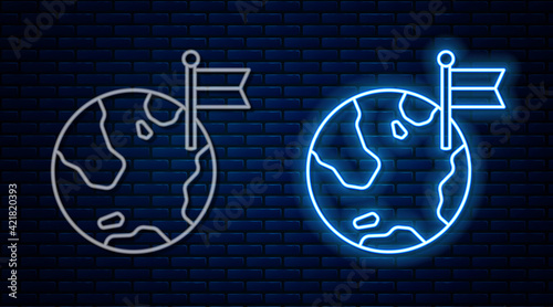 Glowing neon line Planet with flag icon isolated on brick wall background. Victory, winning and conquer adversity concept. Vector