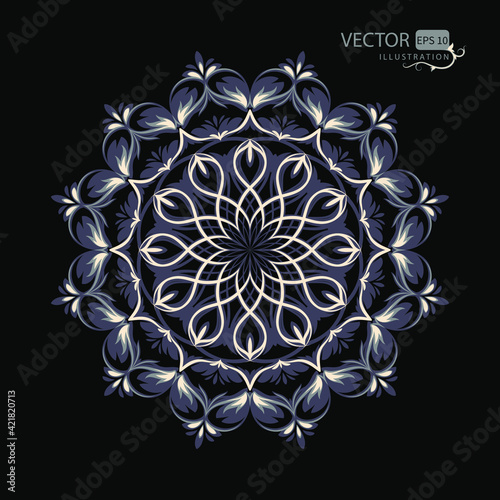 Mandala. Beautiful round pattern on black background. Oriental ornament. Arabesque. Vector illustration.