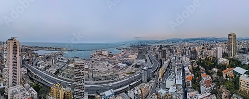 A panoramic aerial view of Port of Beirut explosion site.