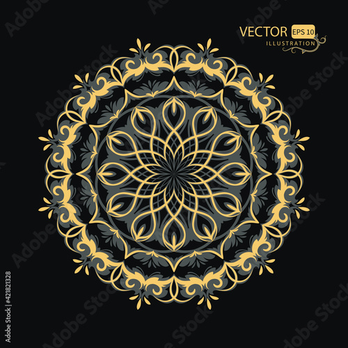 Mandala. Beautiful round pattern on black background. Oriental ornament. Arabesque. Vector illustration.