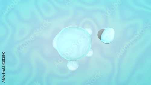 3d rendering of a blue wavy background with a large transparent sphere and small drops that merge with it. Chemical, abstract background, desktop screensaver.