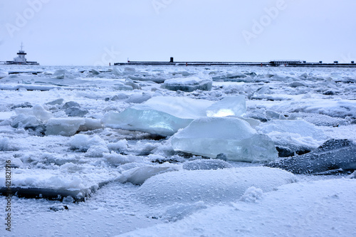 chunks of ice on the water in winter