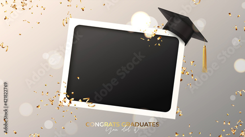 Banner for design of graduation. Blank photo frame with graduation cap, confetti and serpentine on background with effect bokeh. Congratulations graduates. Vector illustration for degree ceremony.