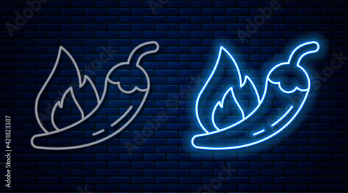 Glowing neon line Hot chili pepper pod icon isolated on brick wall background. Design for grocery, culinary products, seasoning and spice package, cooking book. Vector